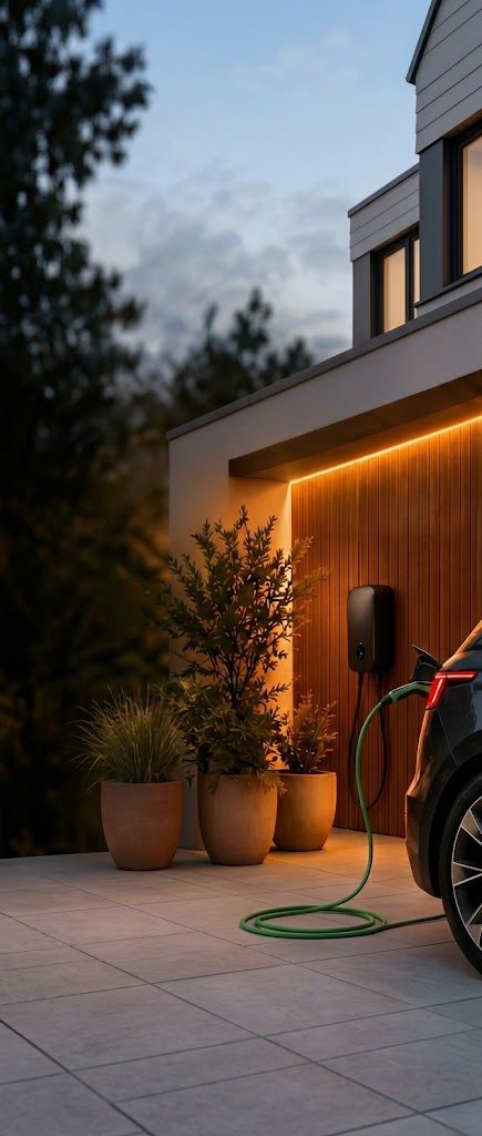 Maison au crépuscule avec un véhicule électrique en charge